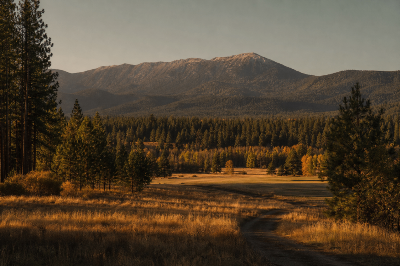 Open golden meadow with a dirt lane leading toward mountains near Athol, Idaho