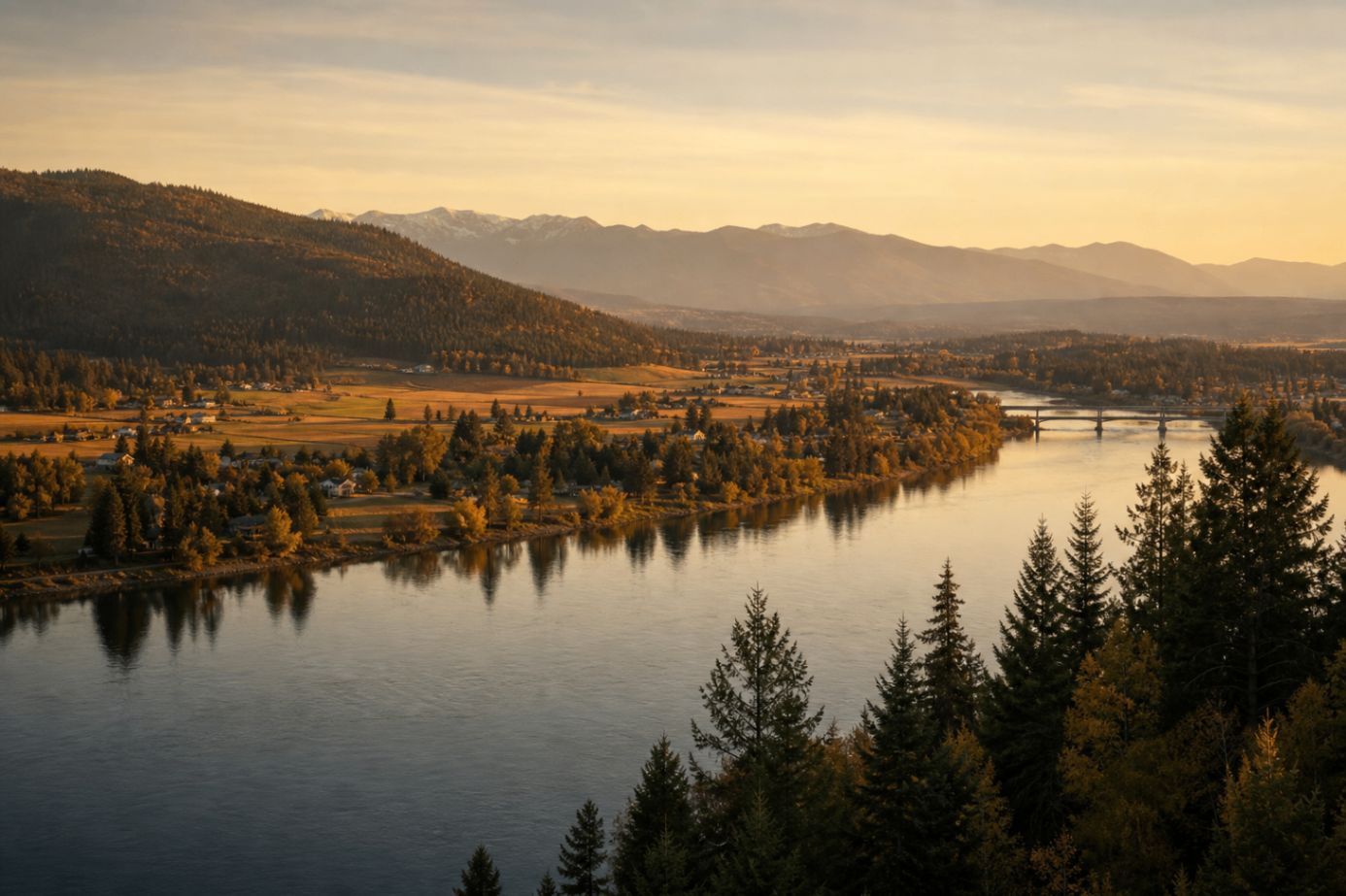 The Kootenai River and valley opening toward the mountains in Bonners Ferry, Idaho