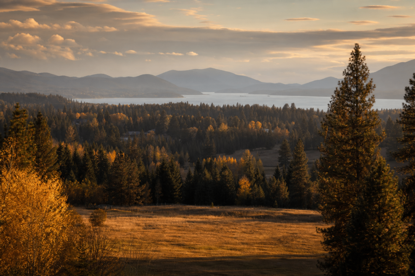 Open fields, pines, and Lake Pend Oreille views near Sagle, Idaho