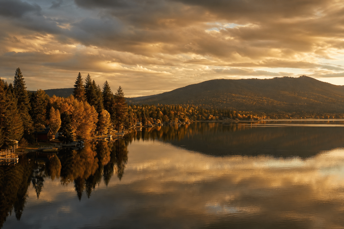 Autumn sunset reflected across Spirit Lake with pine-covered hills
