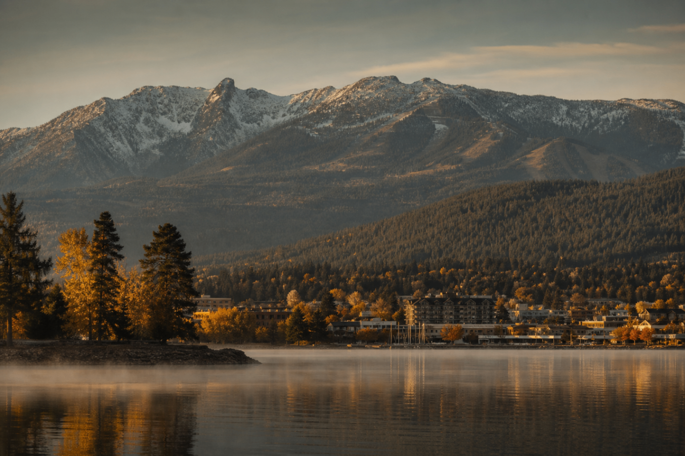 Sandpoint waterfront and Schweitzer Mountain rising above Lake Pend Oreille