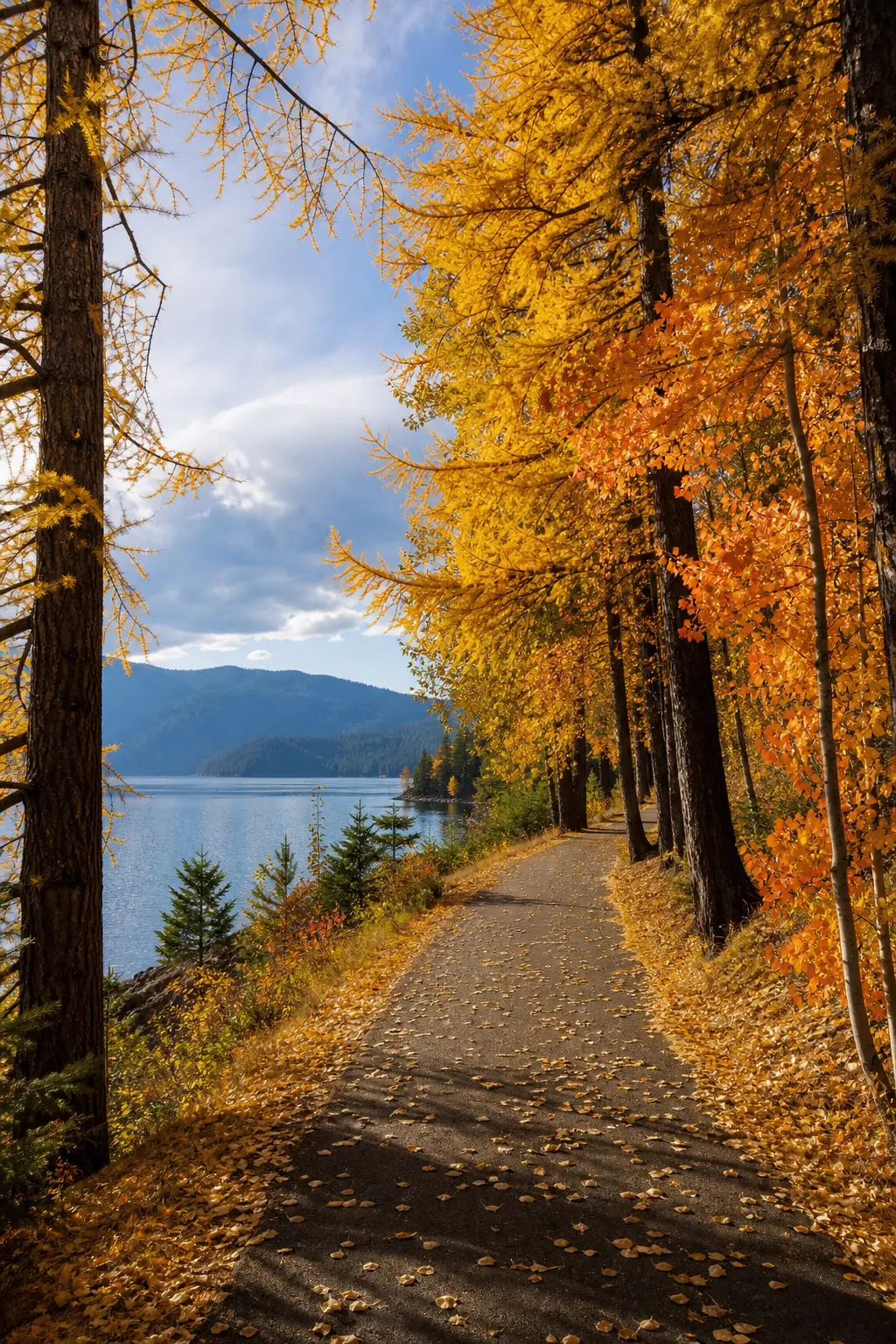 Leaf-covered lakeside trail lined with golden larch and maple along a North Idaho lake