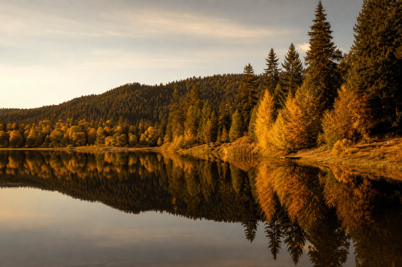 Golden trees reflecting across still water at Cocolalla Lake