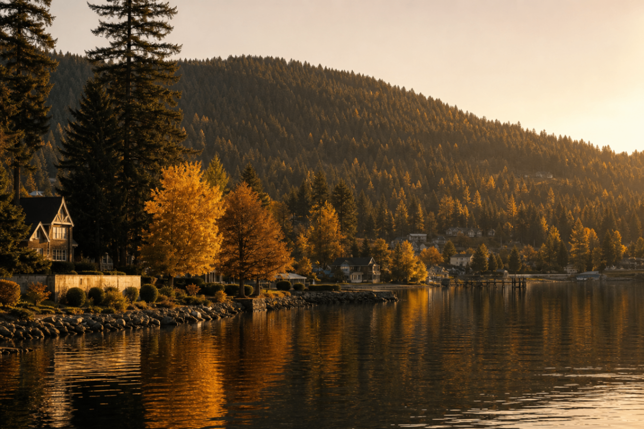Warm evening light over Harrison waterfront homes and forested shoreline
