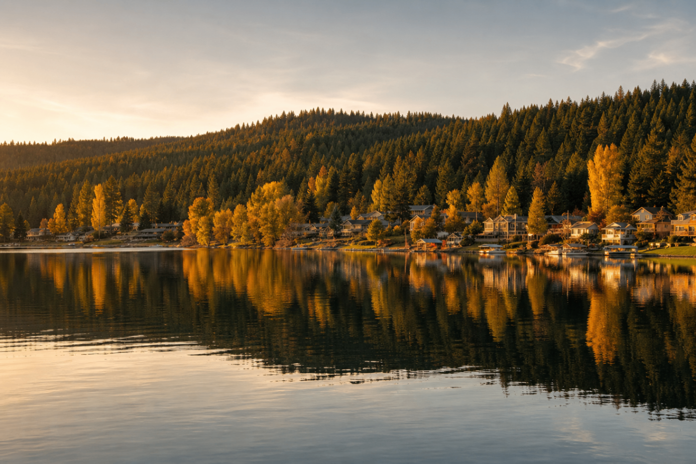 Shoreline homes reflected across calm water in Hauser, Idaho