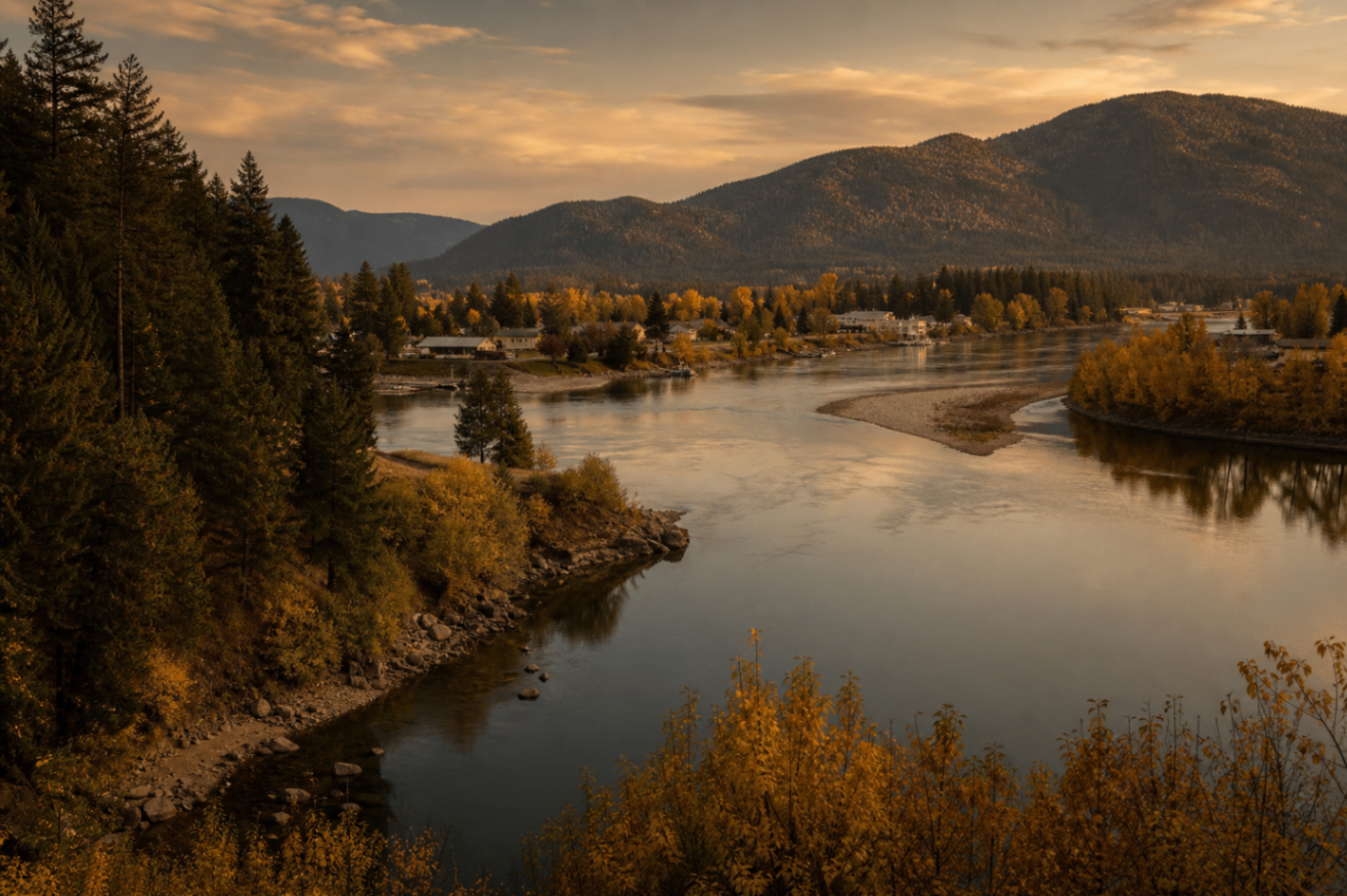 A wide river bend with homes and mountains near Priest River, Idaho