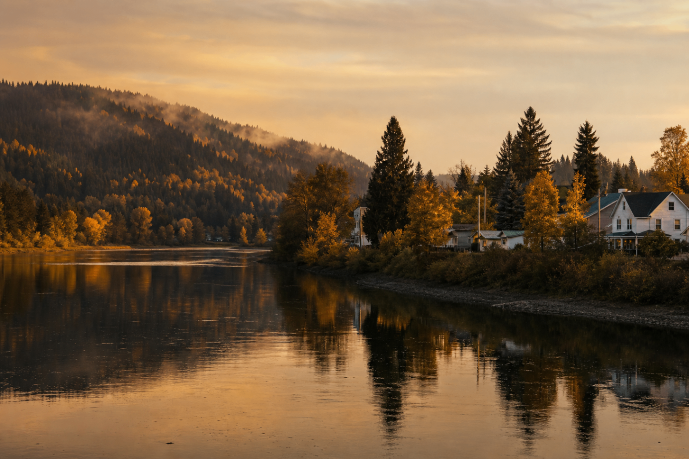A calm riverfront and hillside homes in St. Maries, Idaho