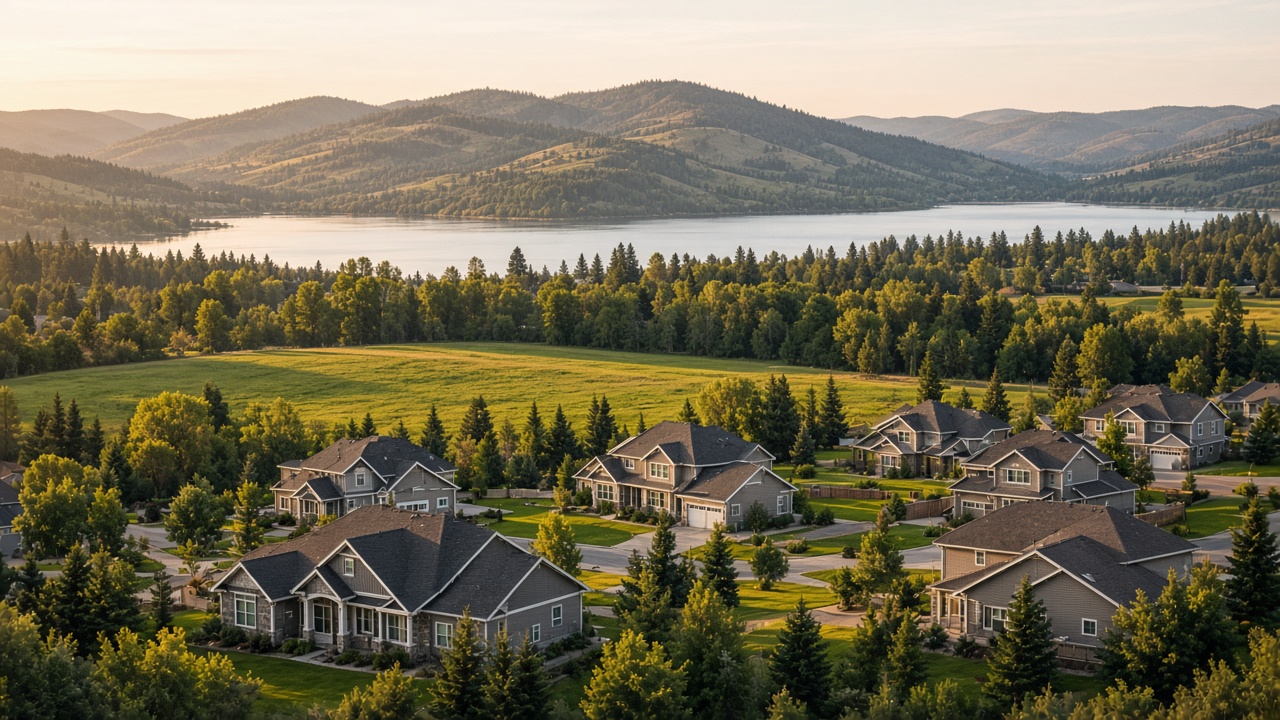 Golden evening light across Hayden Lake with forested shoreline and mountain views