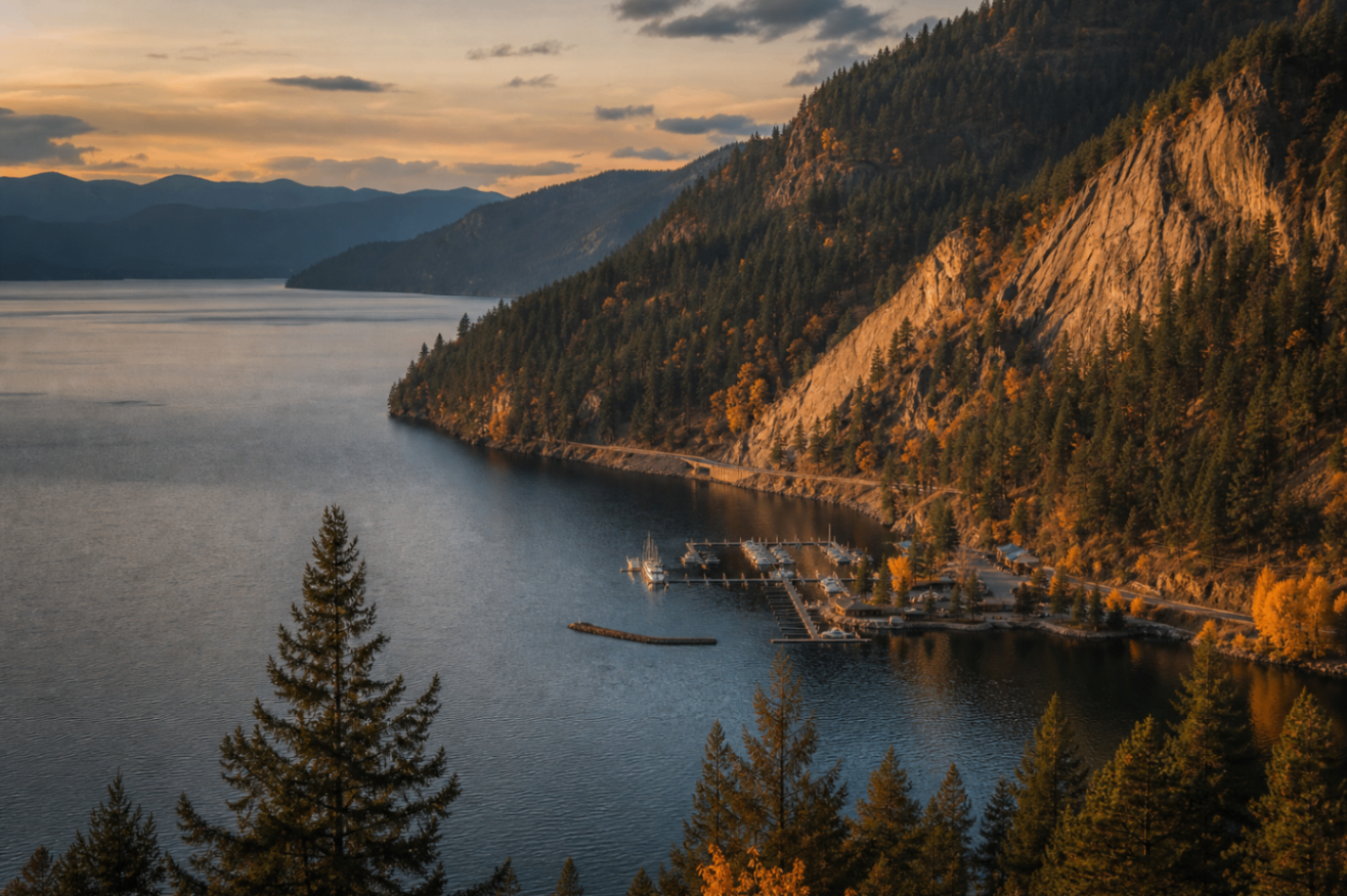 Bayview marina below rocky cliffs and forested slopes on Lake Pend Oreille