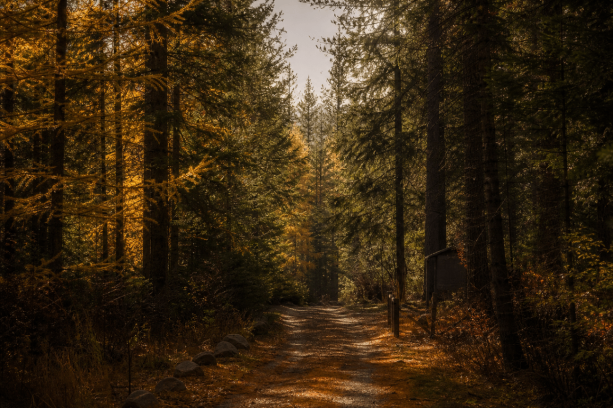 Sunlit forest road beneath tall evergreens in Careywood, Idaho