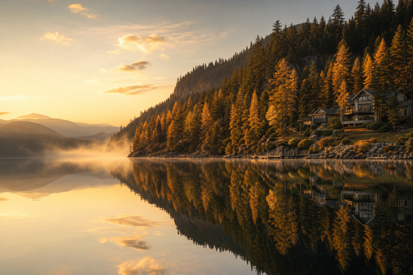 Golden light reflecting across Lake Coeur d'Alene beside hillside homes and pines
