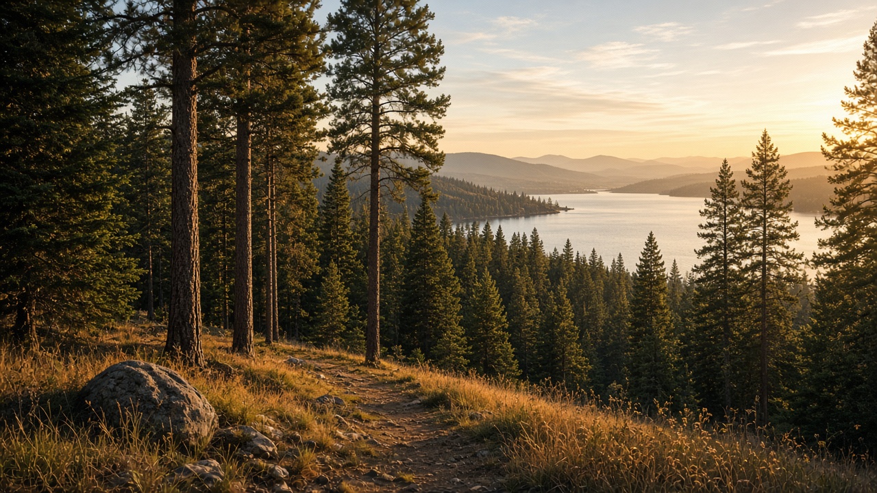 Open golden meadow with a dirt lane leading toward mountains near Athol, Idaho