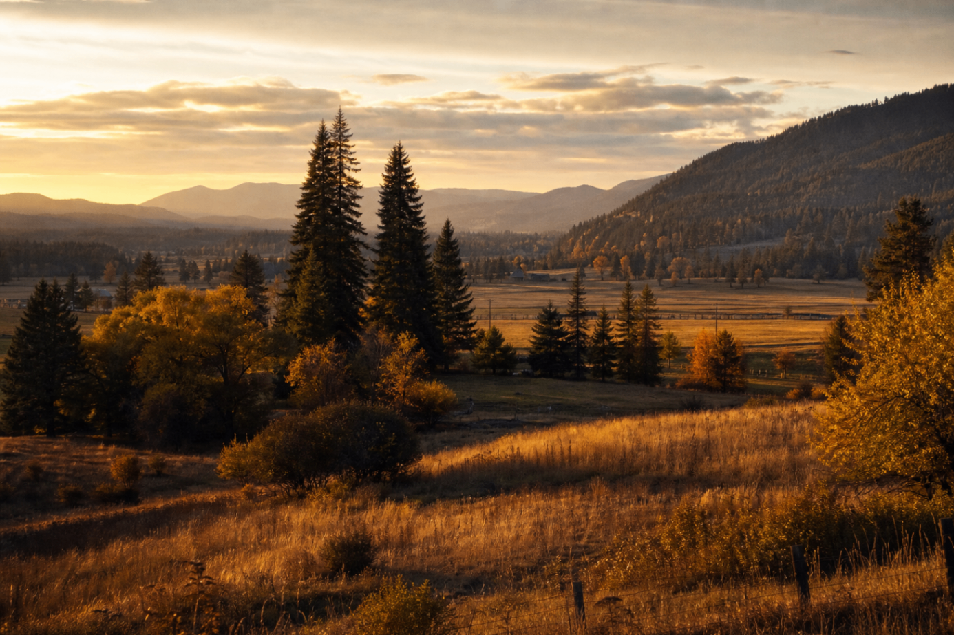 Rolling golden fields and evergreen foothills near Blanchard, Idaho
