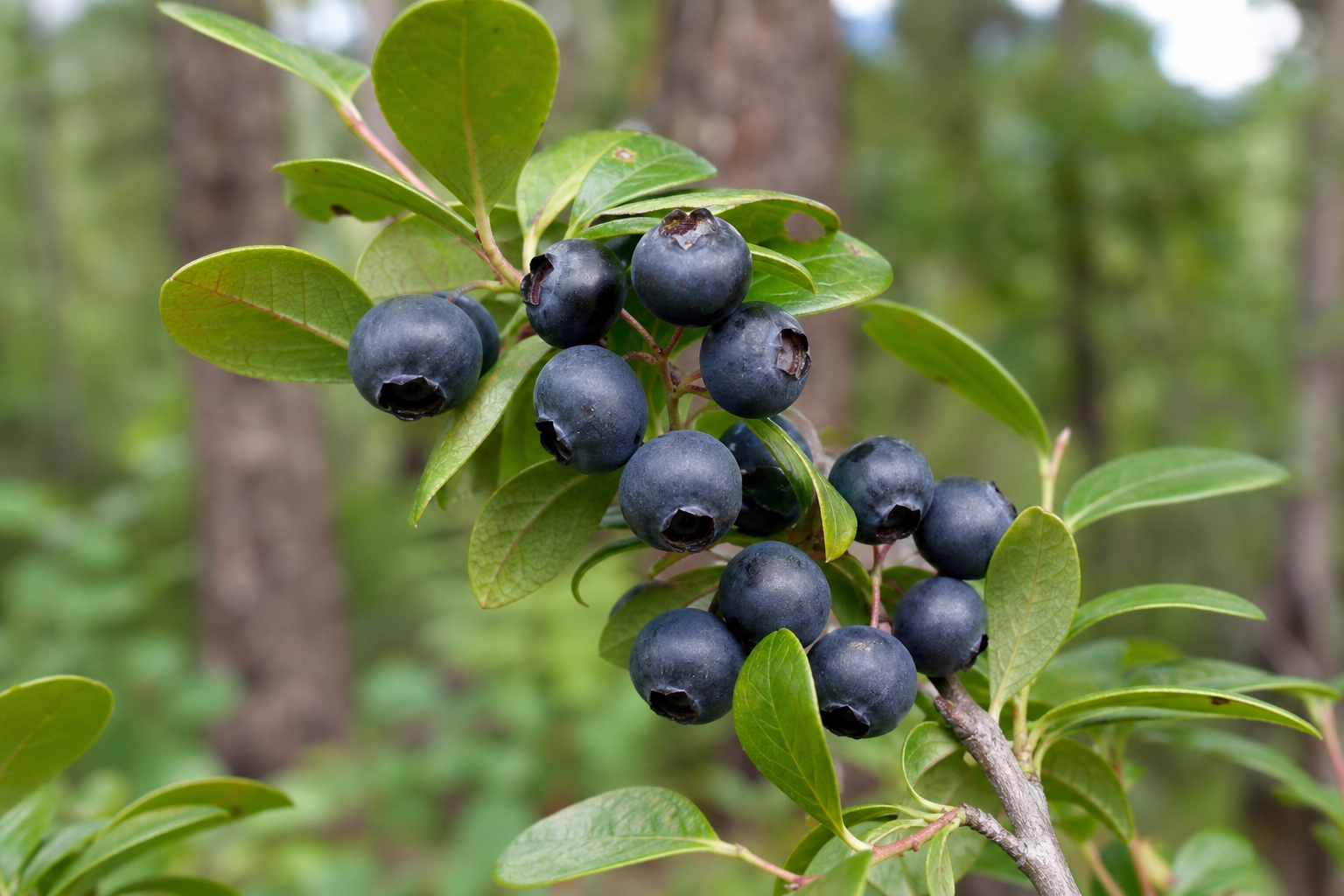 Ripe wild huckleberries on a branch in a North Idaho forest