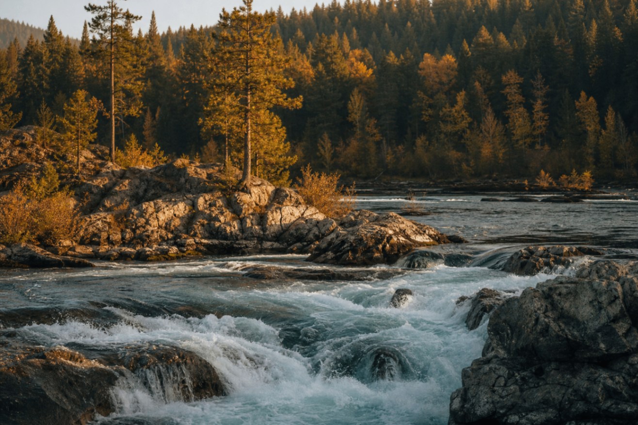 Rocky whitewater rushing through forested falls in Post Falls, Idaho