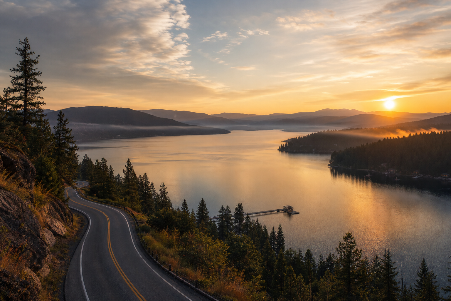 Sunrise over Lake Coeur d'Alene with a winding road through pine forest
